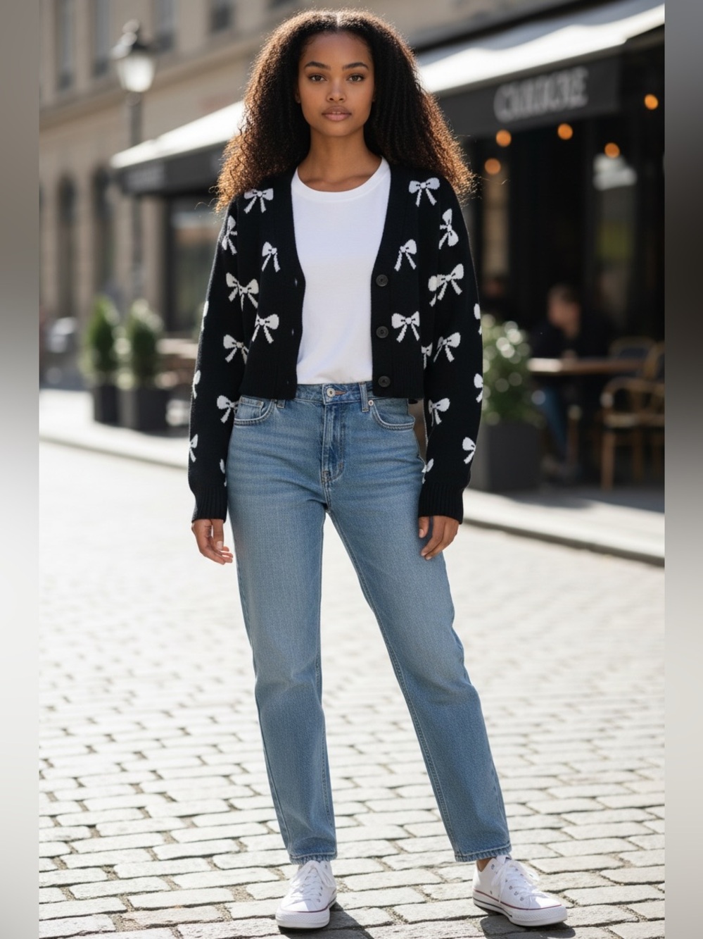 Willow & Wind Black Cardigan with White Bow Design